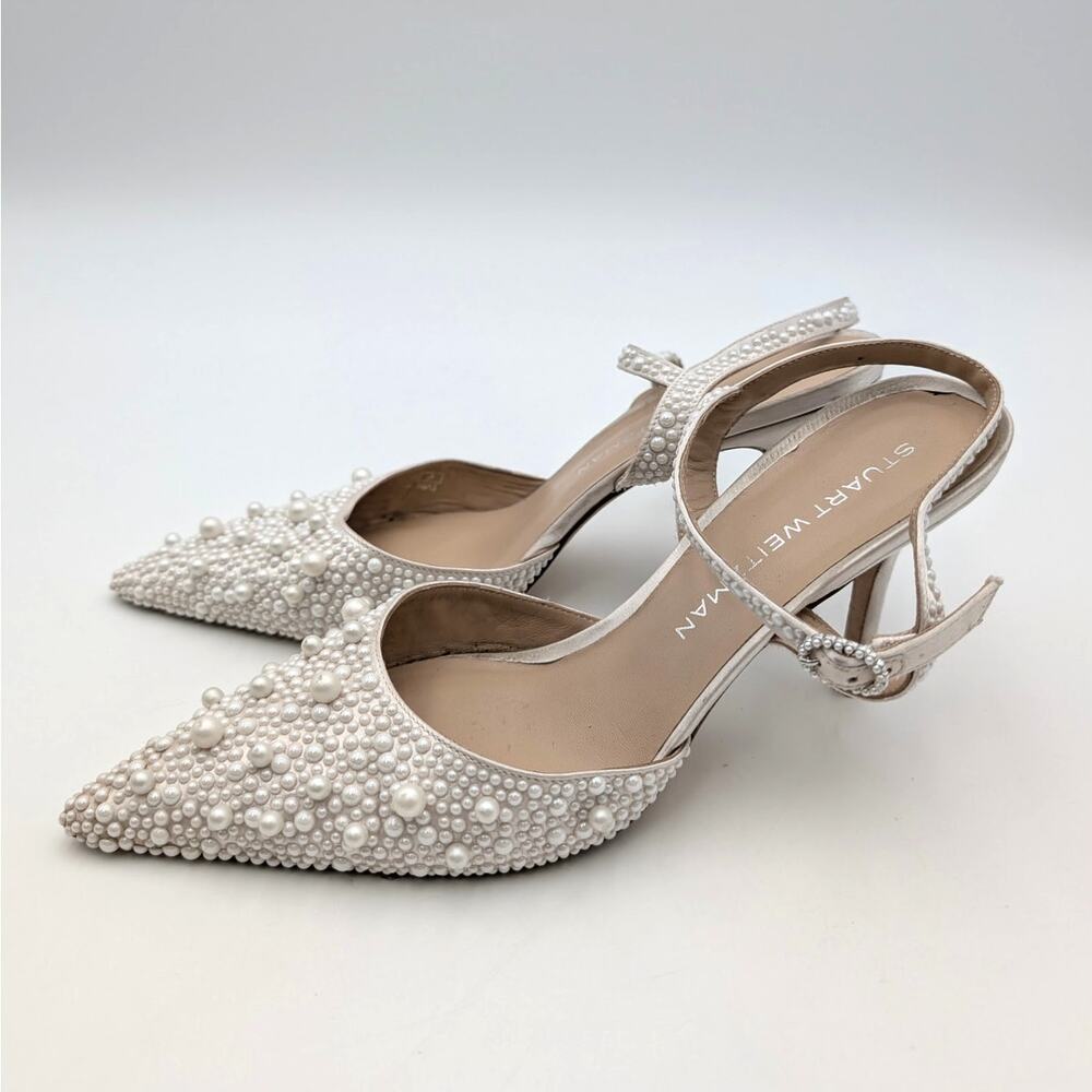 Stuart Weitzman Pearl-Embellished White Slingback Heels